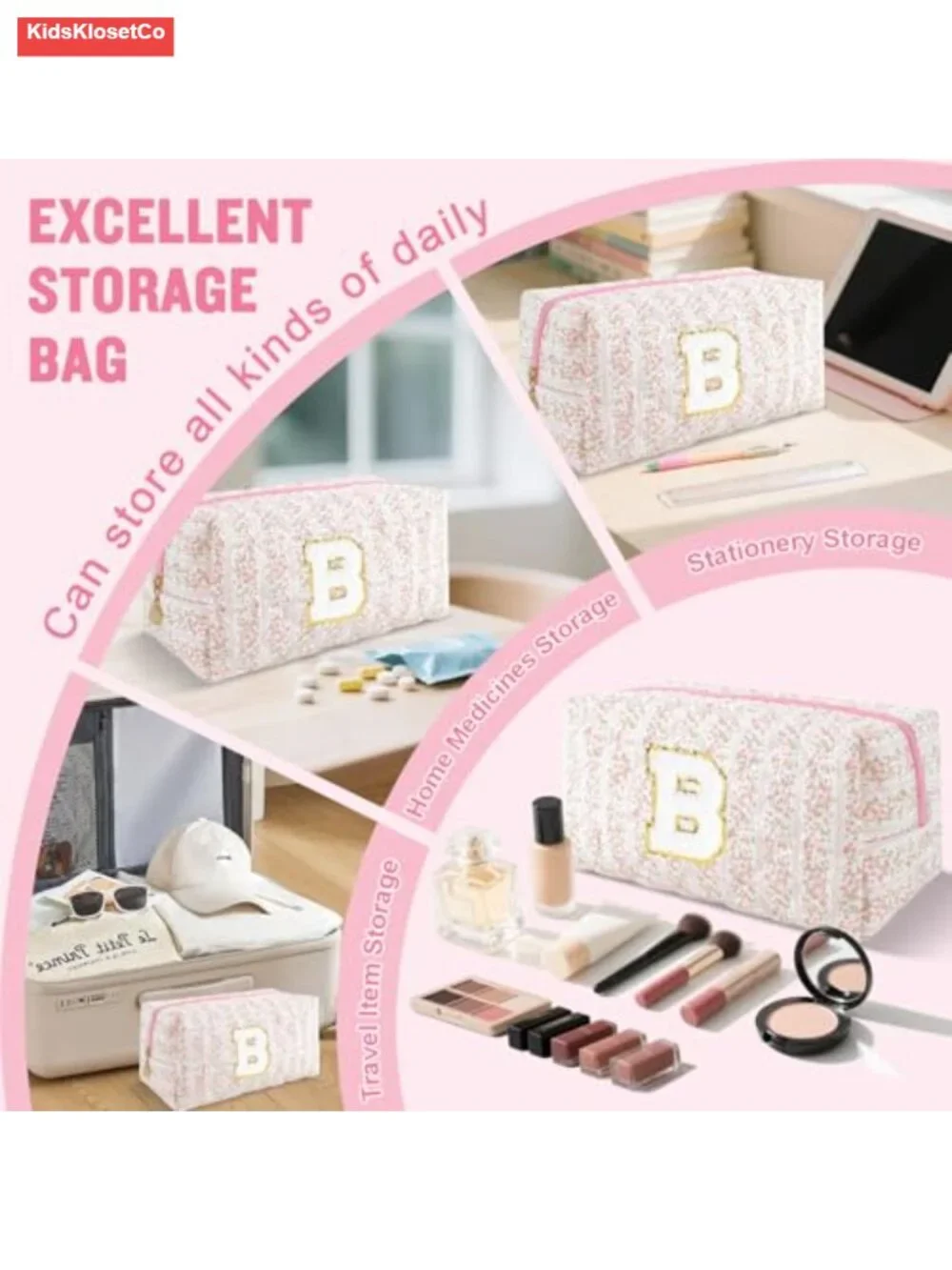 Personalized Quilted Cosmetic Bag, Puffy Monogrammed Makeup Pouch, Floral